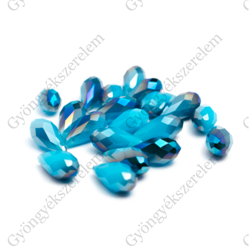 Opál kék és metál csiszolt csepp üveg gyöngy, 16x8 mm