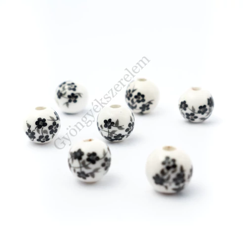 Fekete virág mintás kerek porcelán gyöngy, 10 mm