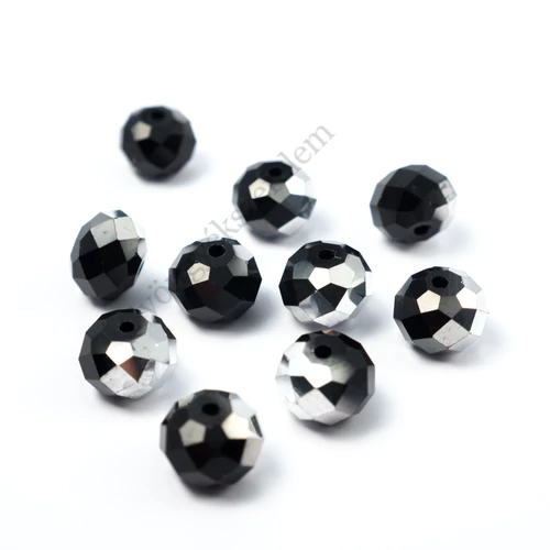 Ezüst és fekete csiszolt üveg gyöngy, fánk, abakusz, 12x8 mm