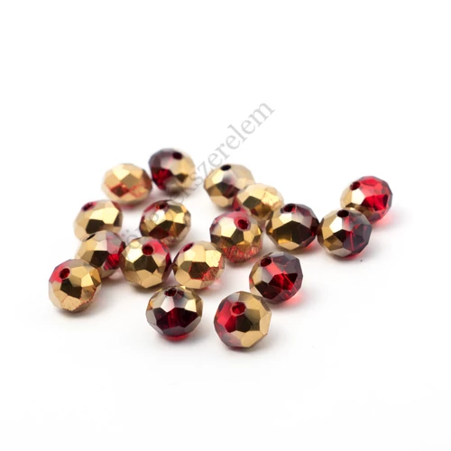 Piros és metál aranybarna csiszolt üveg gyöngy, fánk, abakusz, 8x6 mm