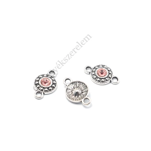 Rózsaszín strasszköves összekötő, antik ezüst színű, 18x11 mm