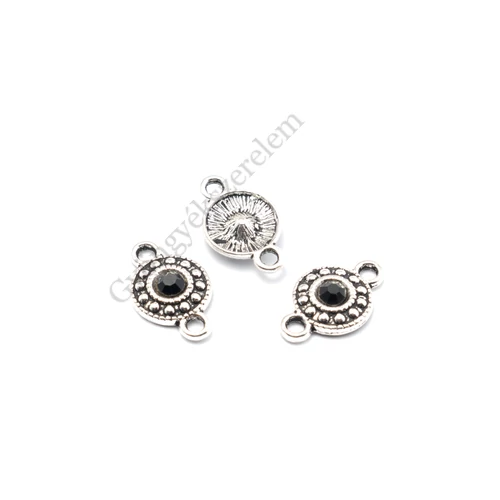 Fekete strasszköves összekötő, antik ezüst színű, 18x11 mm