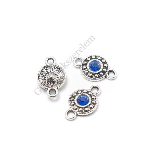 Sötétkék strasszköves összekötő, antik ezüst színű, 18x11 mm