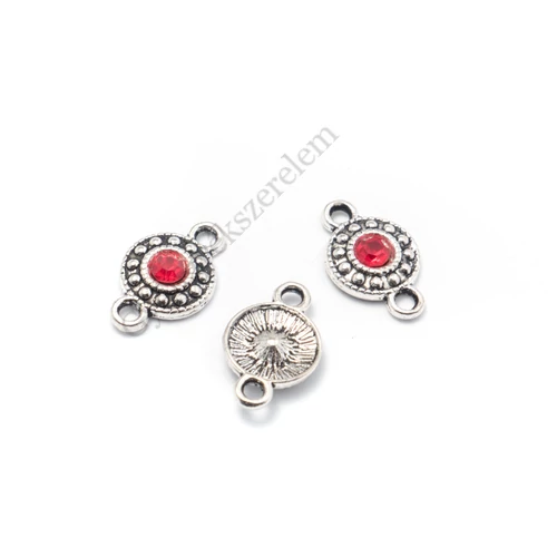 Piros strasszköves összekötő, antik ezüst színű, 18x11 mm