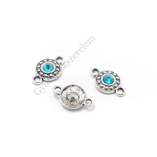 Világoskék strasszköves összekötő, antik ezüst színű, 18x11 mm