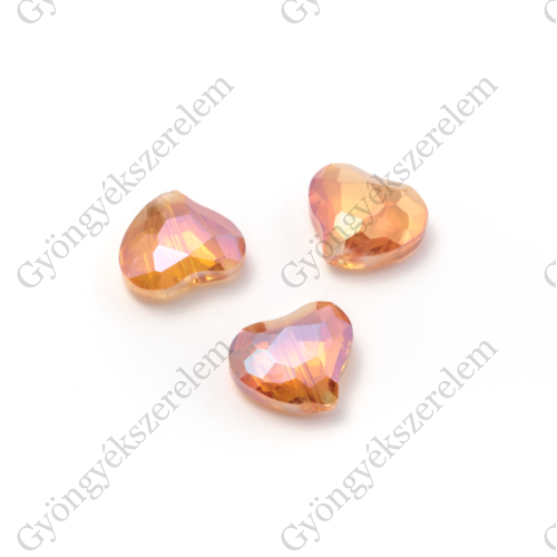 Narancs rózsaszín színjátszó csiszolt szív üveg gyöngy, 20x16x9 mm