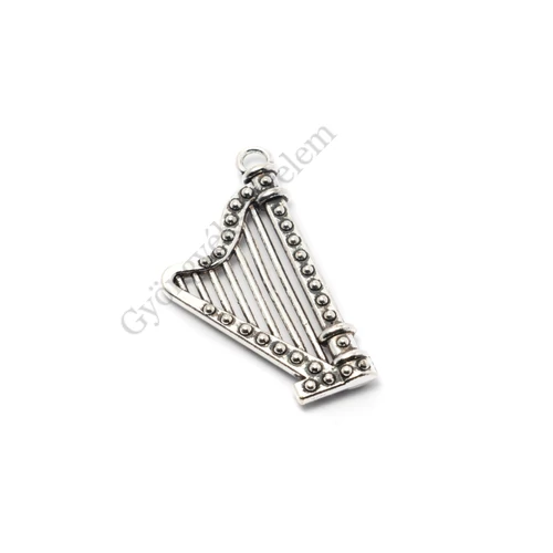 Hárfa, hangszer fityegő, medál, antik ezüst színű, 38x21 mm