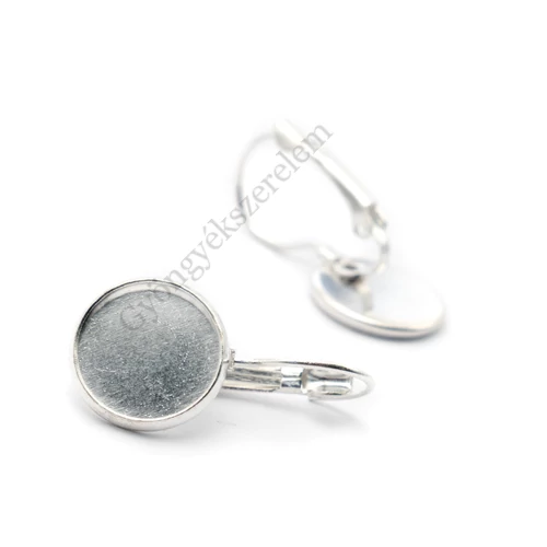 Kerek tányéros, francia kapcsos fülbevalóalap, ezüst színű, 25x13 mm, 12 mm-es lencséhez, 1 pár/cs