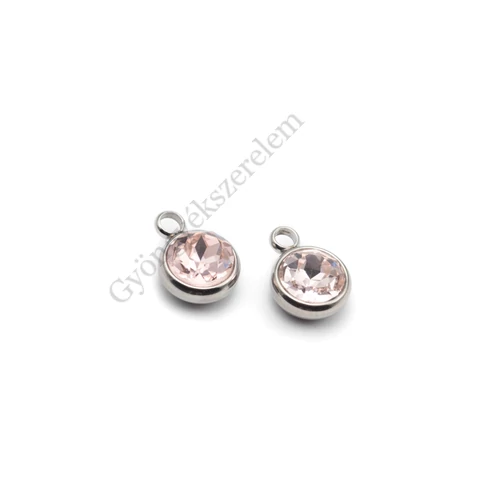 Rózsaszín strasszköves medál, rozsdamentes acél, 13x10 mm