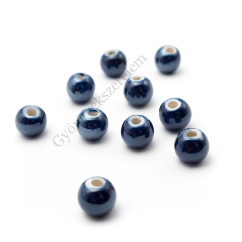 Sötétkék porcelán gyöngy, gyöngyfényű, 10 mm