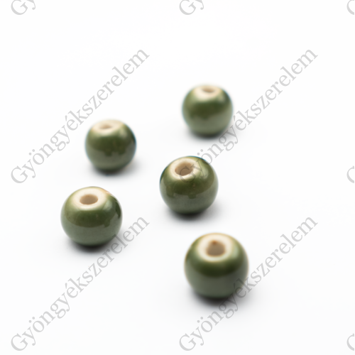 Zöld porcelán gyöngy, gyöngyfényű, 10 mm