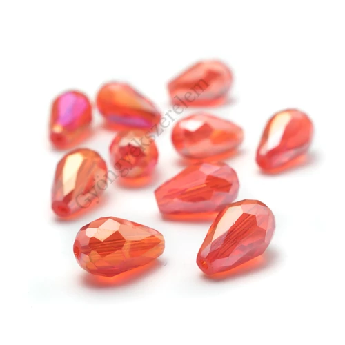 Piros AB csiszolt csepp üveg gyöngy, 15x10 mm