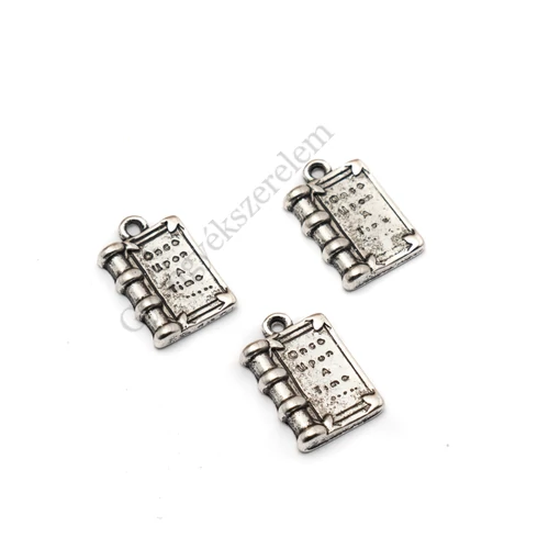 Feliratos könyv fityegő, medál, antik ezüst színű, 18x11 mm