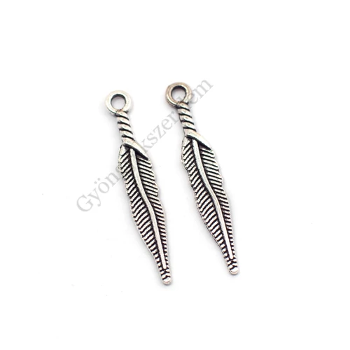 Levél, toll fityegő, medál, antik ezüst színű, 28x5 mm