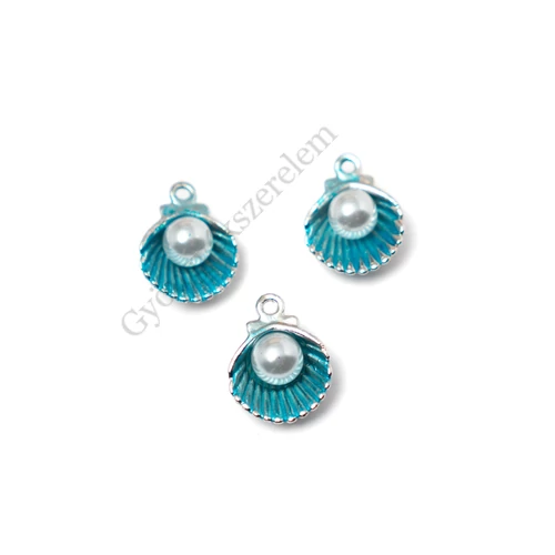 Kagyló fityegő, medál, antik ezüst és kék színű, 15x12 mm