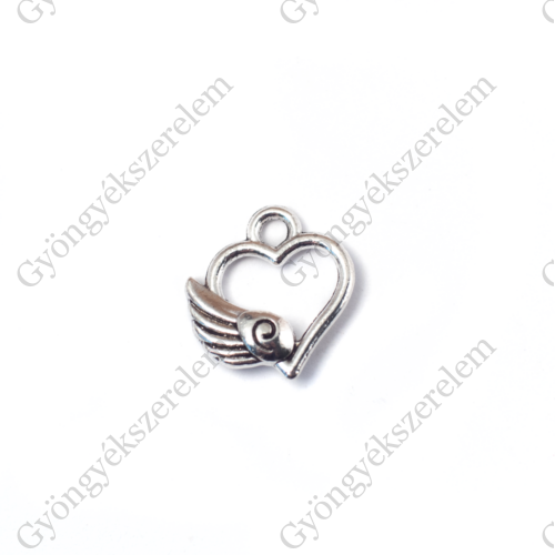 Szív, szárny fityegő, medál, antik ezüst színű, 12x13 mm