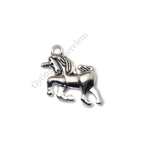 Unikornis fityegő, medál, antik ezüst színű, 23x19 mm