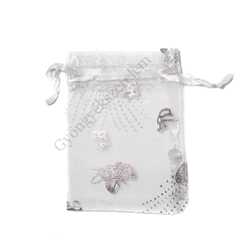 Ezüst lepke mintás, fehér organza tasak, zacskó, 9x7 cm