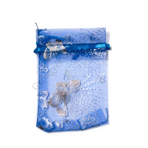 Ezüst lepke mintás, sötétkék organza tasak, zacskó, 9x7 cm