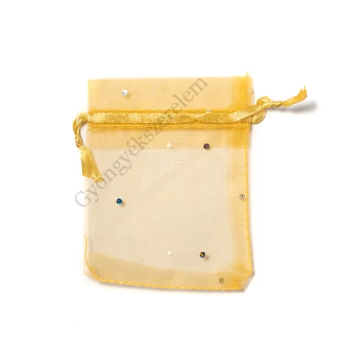 Csillámos, napsárga színű organza tasak, zacskó, 9x7 cm