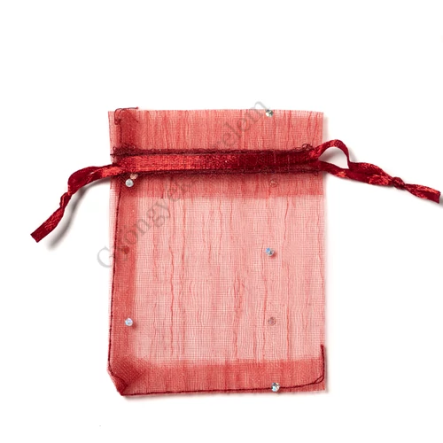 Csillámos, bordó organza tasak, zacskó, 9x7 cm