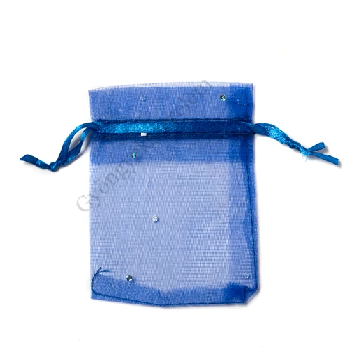 Csillámos, sötétkék organza tasak, zacskó, 9x7 cm