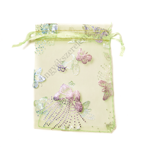 Ezüst lepke mintás, világoszöld organza tasak, zacskó, 12x9 cm