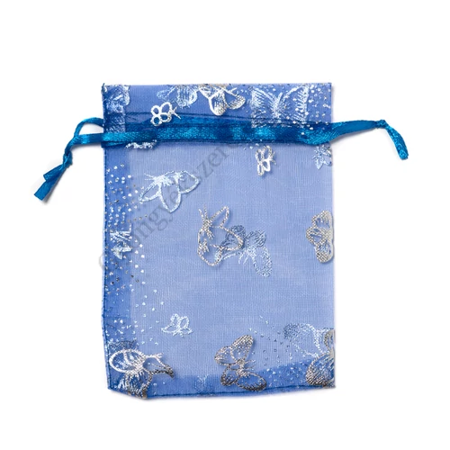 Ezüst lepke mintás, sötétkék organza tasak, zacskó, 12x9 cm