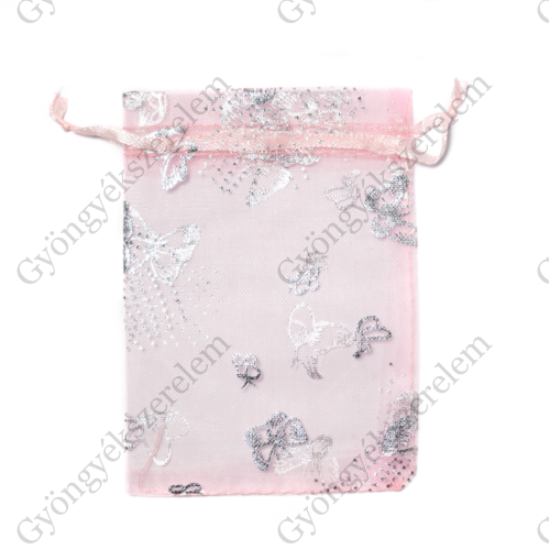 Ezüst lepke mintás, rózsaszín organza tasak, zacskó, 12x9 cm