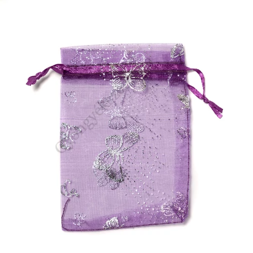 Ezüst lepke mintás, lila organza tasak, zacskó, 12x9 cm