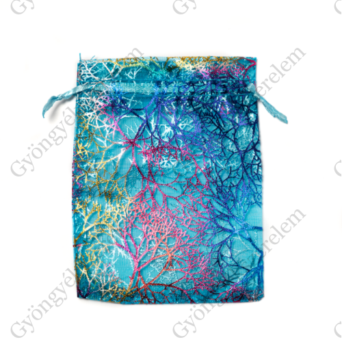 Színes korall mintás kék organza tasak, ajándék zacskó, 12x9 cm