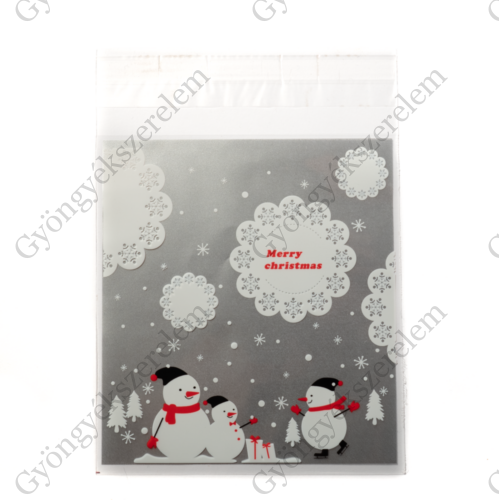 Karácsony, hóember mintás, feliratos, ezüst celofán tasak, ajándék, süti, ékszer tasak, 14x10 cm
