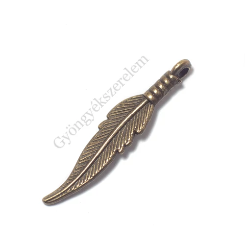 Levél, toll fityegő, medál, antik bronz színű, 31x6 mm