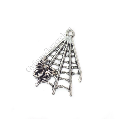Pók, pókháló fityegő, medál, antik ezüst színű, 31x23 mm