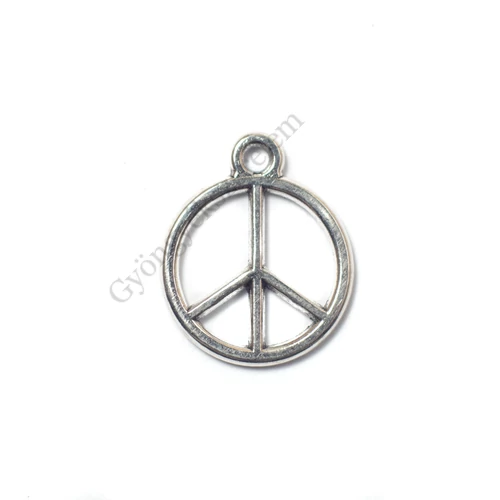 Béke, peace jel fityegő, medál, antik ezüst színű, 14x12 mm