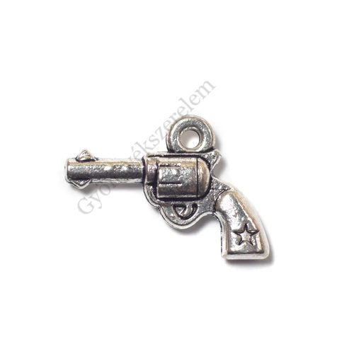 Pisztoly fityegő, medál, antik ezüst színű, 20x14 mm