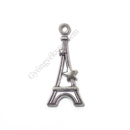 Eiffel-torony fityegő, medál, antik ezüst színű, 28x13 mm