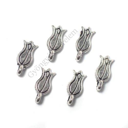 Pici virág, tulipán fityegő, medál, antik ezüst színű, 10x4,5 mm