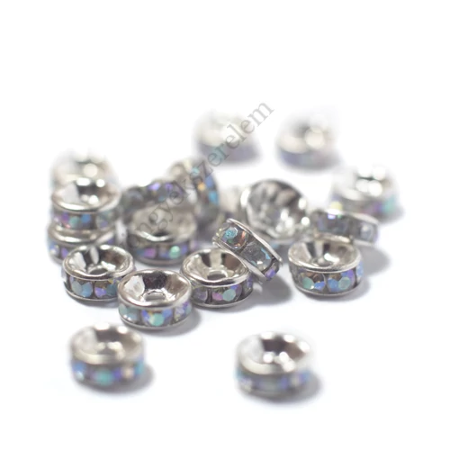 Színjátszó strasszköves rondell köztes gyöngy, ezüst színű, 8 mm