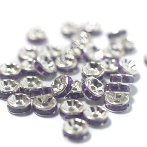 Lila strasszköves rondell köztes gyöngy, ezüst színű, 8 mm