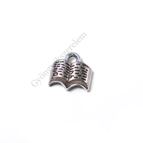 Könyv fityegő, medál, antik ezüst színű, 12x11 mm