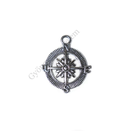Iránytű fityegő, medál, antik ezüst színű, 30x25 mm