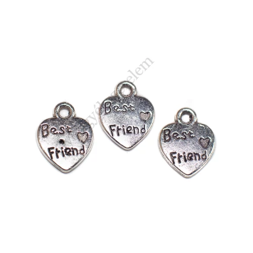 Best friend feliratos pici szív fityegő, medál, antik ezüst színű, 13x10 mm