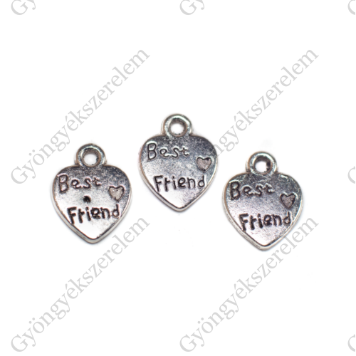 Best friend feliratos pici szív fityegő, medál, antik ezüst színű, 13x10 mm