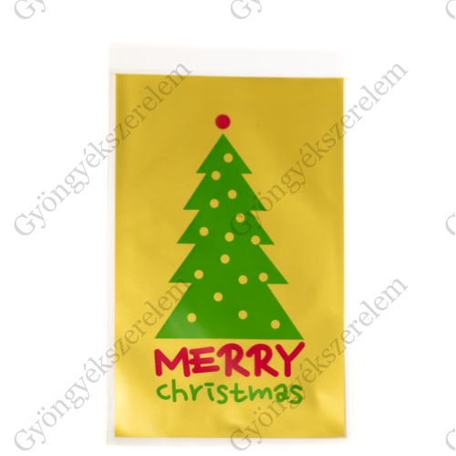 Karácsony, fenyőfa mintás, feliratos celofán tasak, ajándék, süti, ékszer tasak, 18x10 cm