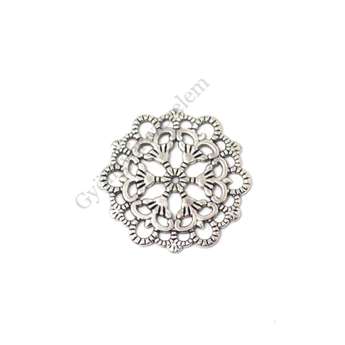 Virág fityegő, medál, összekötő, antik ezüst színű, 30 mm