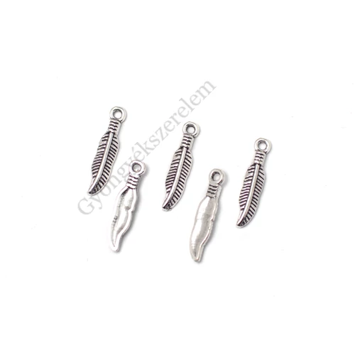 Levél, toll fityegő, medál, antik ezüst színű, 19x4 mm