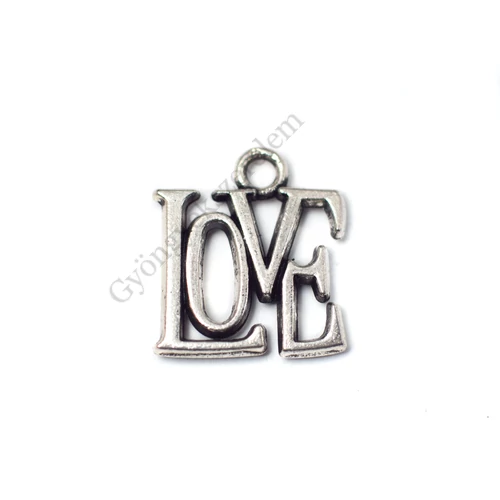 Love felirat fityegő, medál, antik ezüst színű, 13x14 mm