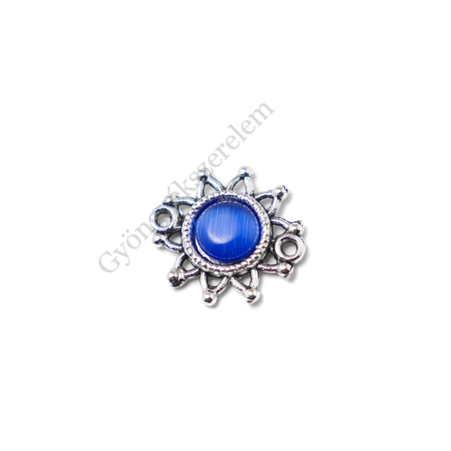 Virág összekötő, sötétkék macskaszem kabosonnal, antik ezüst színű, 15x14 mm