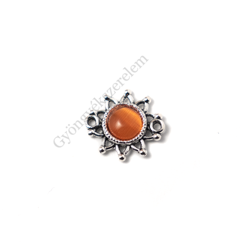 Virág összekötő, narancssárga macskaszem kabosonnal, antik ezüst színű, 15x14 mm